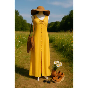 Vintage 1960s Marigold Yellow Maxi Dress | Lace Bodice | Boho Hippie Size M